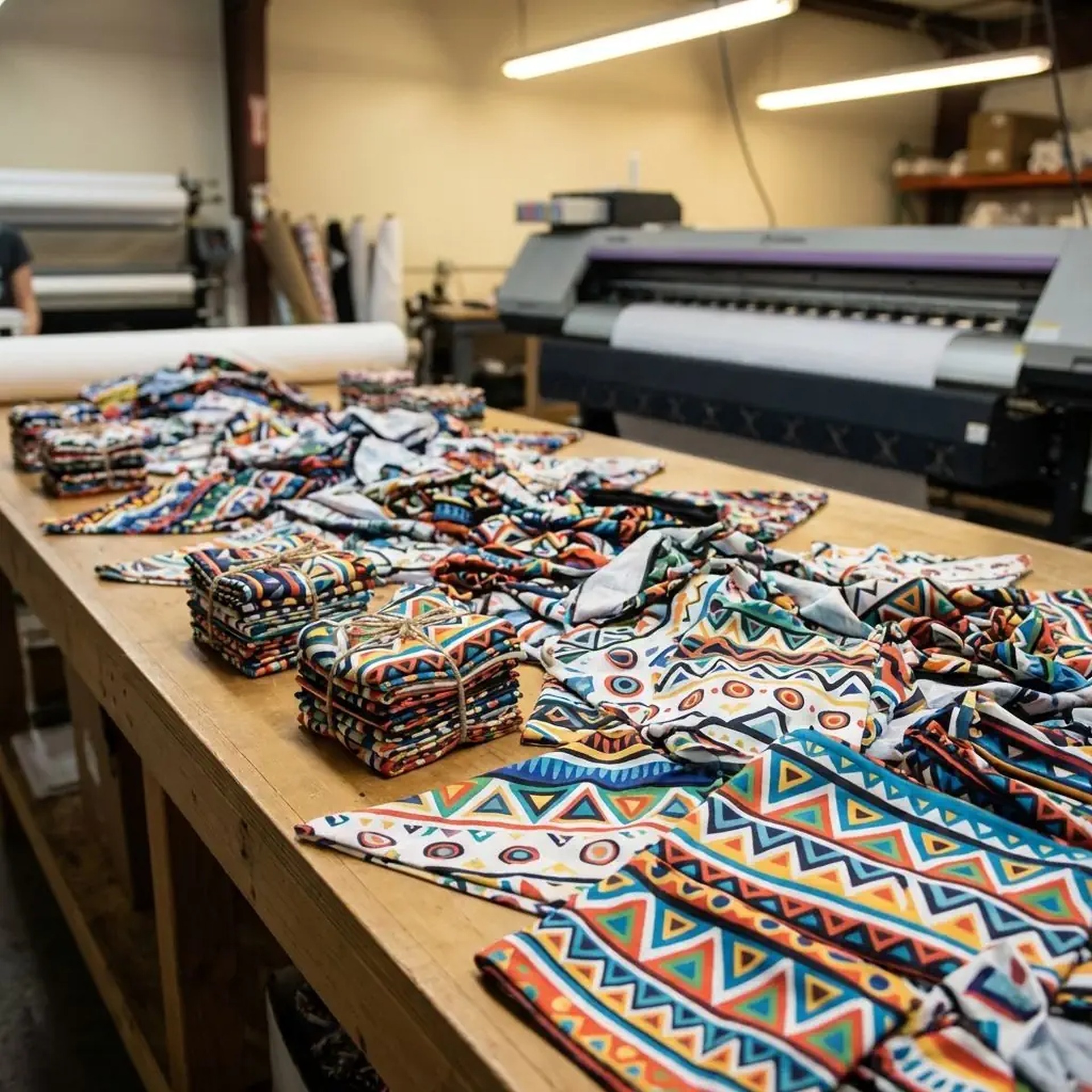 Stół warsztatowy z ułożonymi kominami z nadrukiem etnicznym. W tle widoczna drukarka do tkanin i rolka materiału. Jasne oświetlenie warsztatowe.