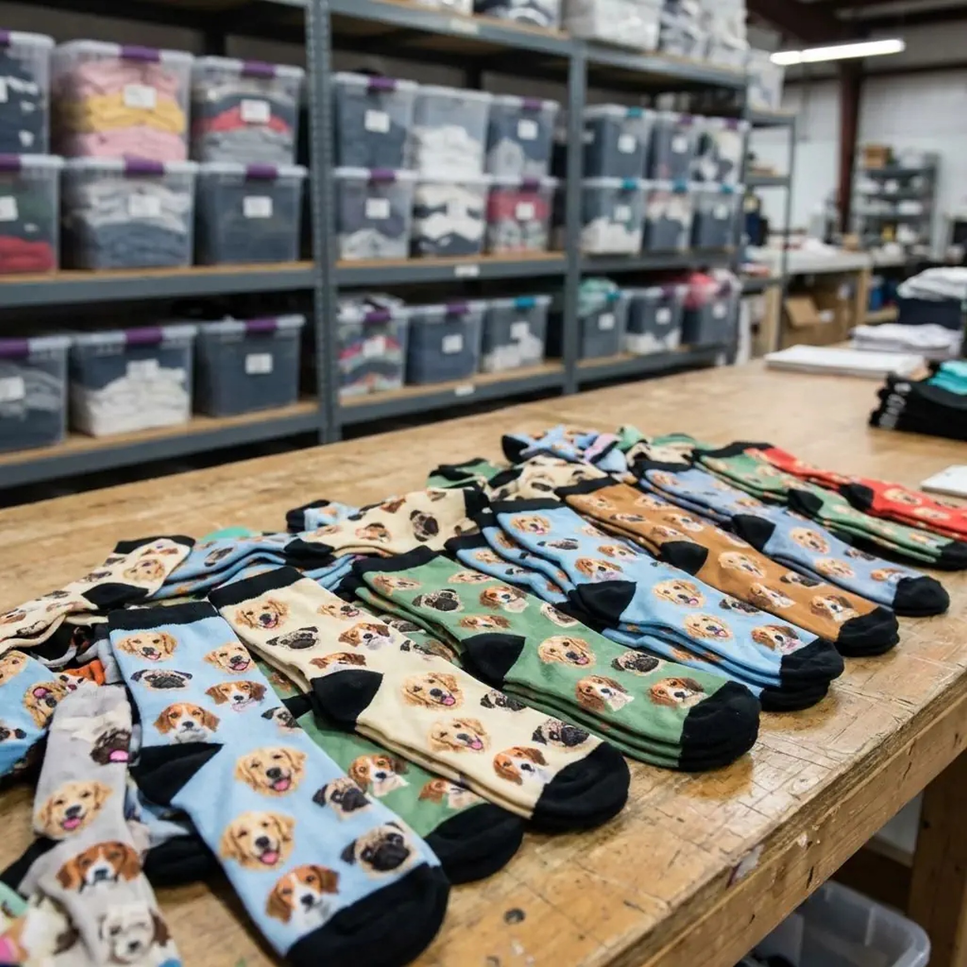 Kolorowe skarpetki z nadrukiem psich pyszczków, ułożone rzędami na drewnianym stole w magazynie odzieżowym. W tle półki z pojemnikami pełnymi ubrań.
