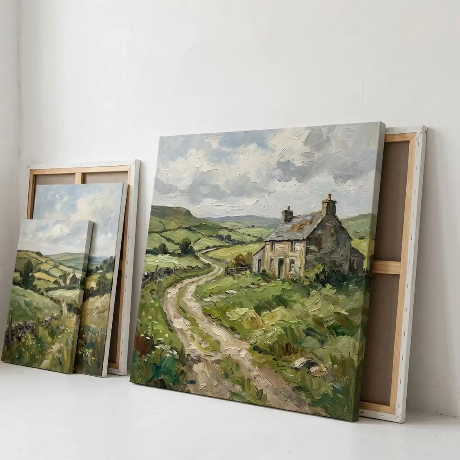 Trzy obrazy olejne z motywem wiejskiego krajobrazu, o różnej wielkości, oparte o białą ścianę w jasnym pomieszczeniu. Widoczne faktury farby i drewniane ramy.