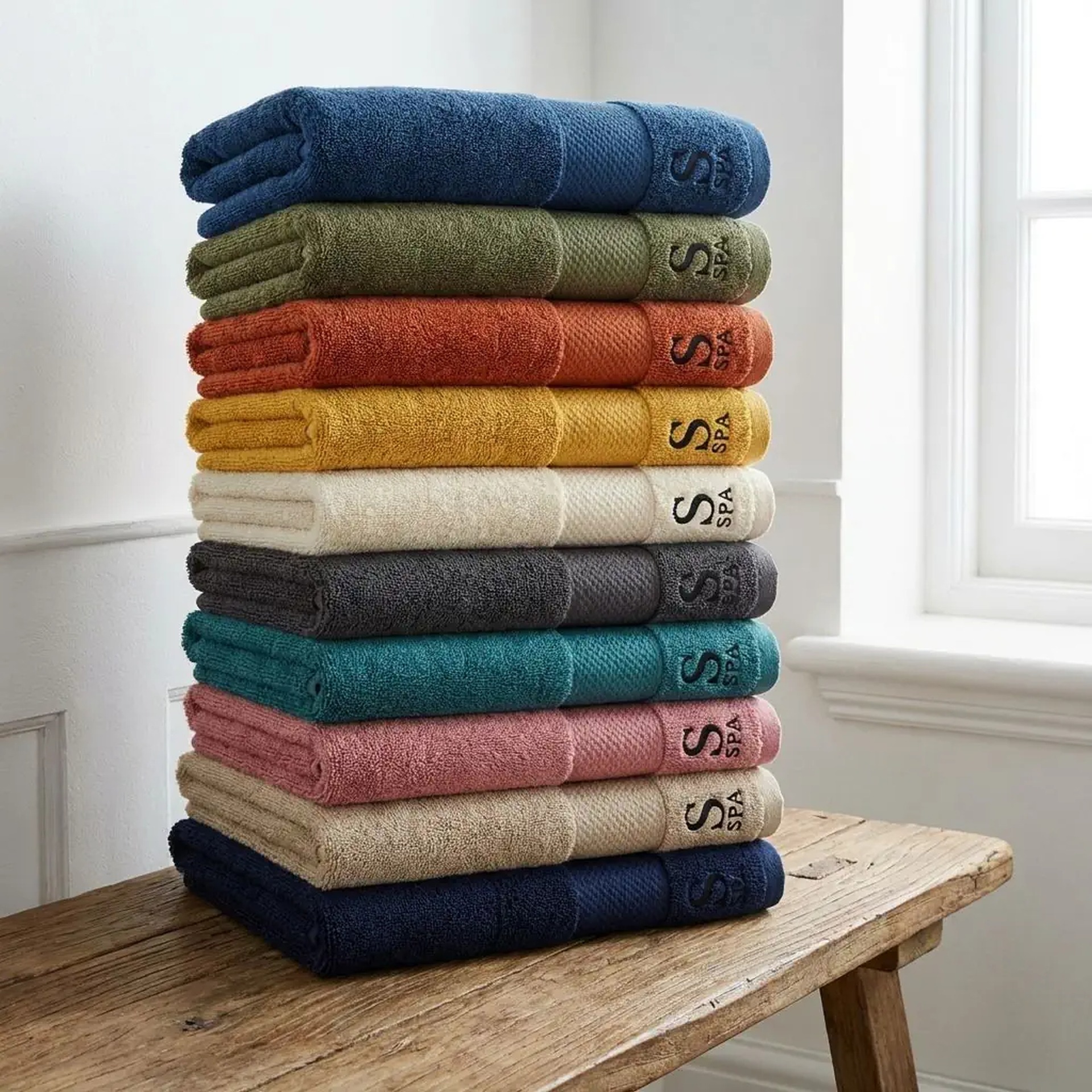 Stos ręczników SPA w różnych kolorach, ułożonych na drewnianym stołku. Każdy ręcznik ma wyhaftowane logo 'S SPA'. W tle widoczne okno.