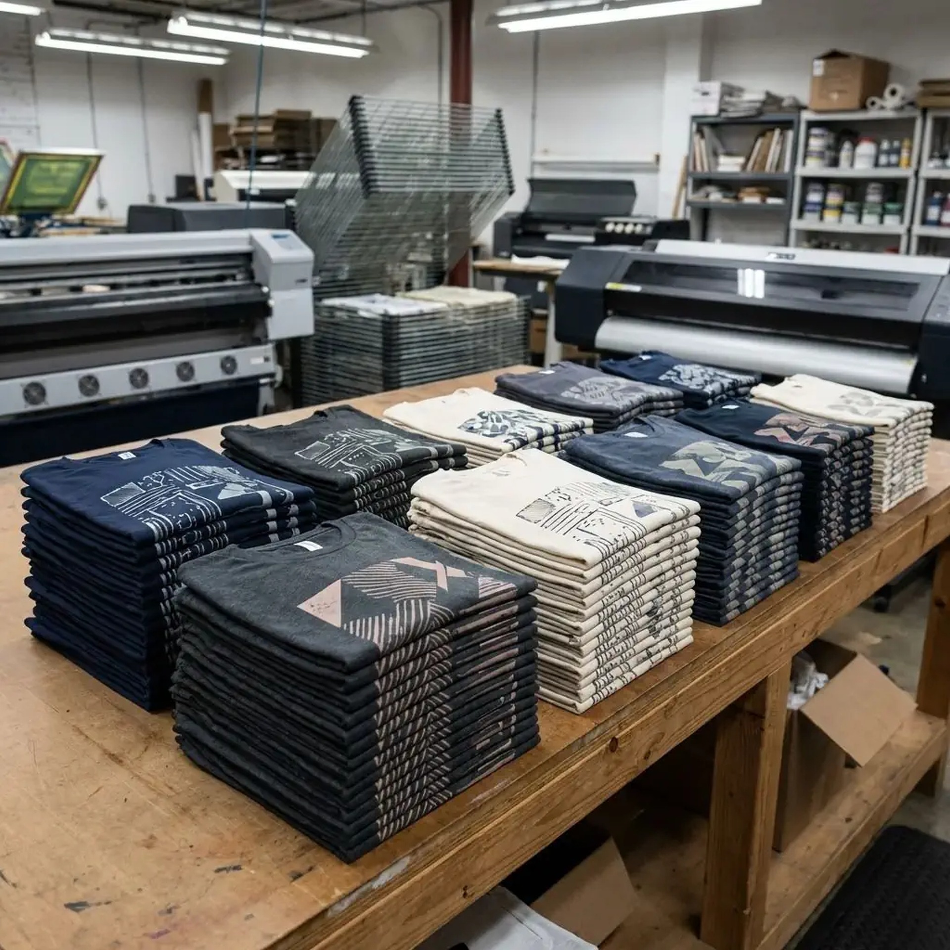 Stosy koszulek z nadrukami na drewnianym stole w pracowni, w tle maszyny drukarskie i regały. Różne kolory i wzory nadruków. Ujęcie z bliska, oświetlenie studyjne.