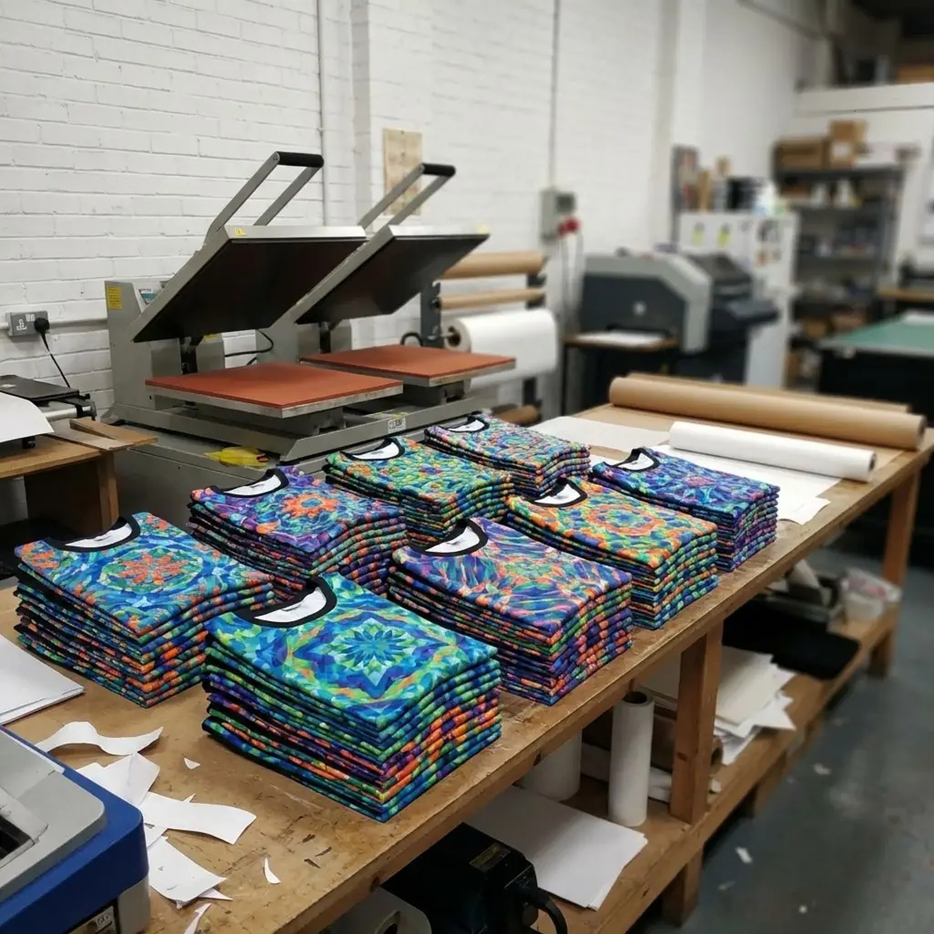 Stosy kolorowych koszulek z nadrukiem leżą na drewnianym stole w pracowni, w tle prasa termotransferowa i inne urządzenia drukarskie.