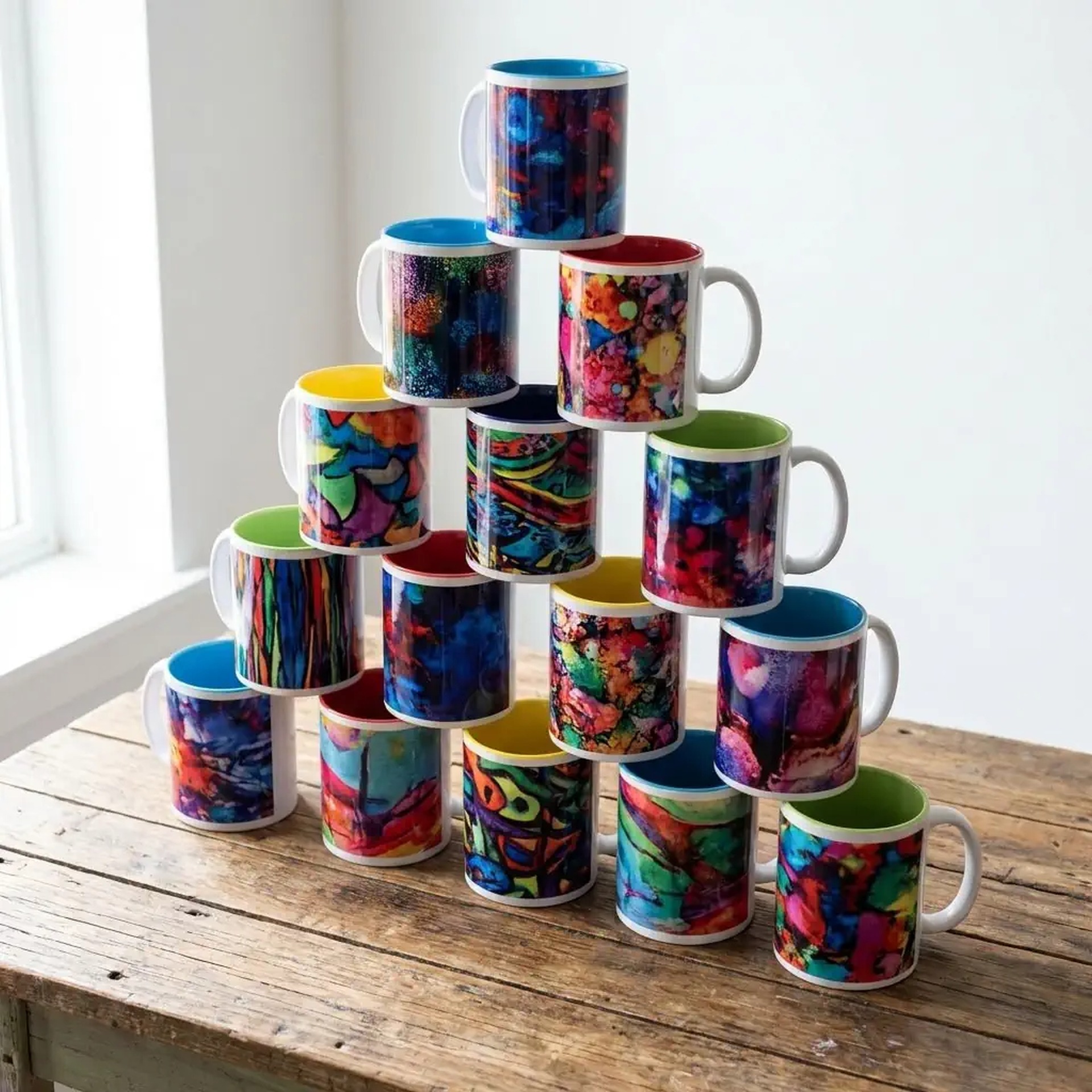 Piramida z kubków z abstrakcyjnymi, kolorowymi nadrukami na drewnianym stole. Wnętrza kubków w różnych kolorach. Jasne tło, naturalne światło.