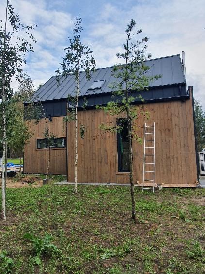 Nowoczesny dom z drewnianą elewacją i ciemnym dachem, otoczony zielenią. Biała drabina oparta o ścianę. Widoczne okna i małe drzewka.