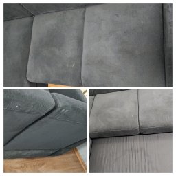 KingClean Expert - Kolaż: góra - fragment brudnej, szarej kanapy z plamami; dół - lewo: bok kanapy, prawo: wyczyszczona powierzchnia kanapy z widocznymi śladami po czyszczeniu.