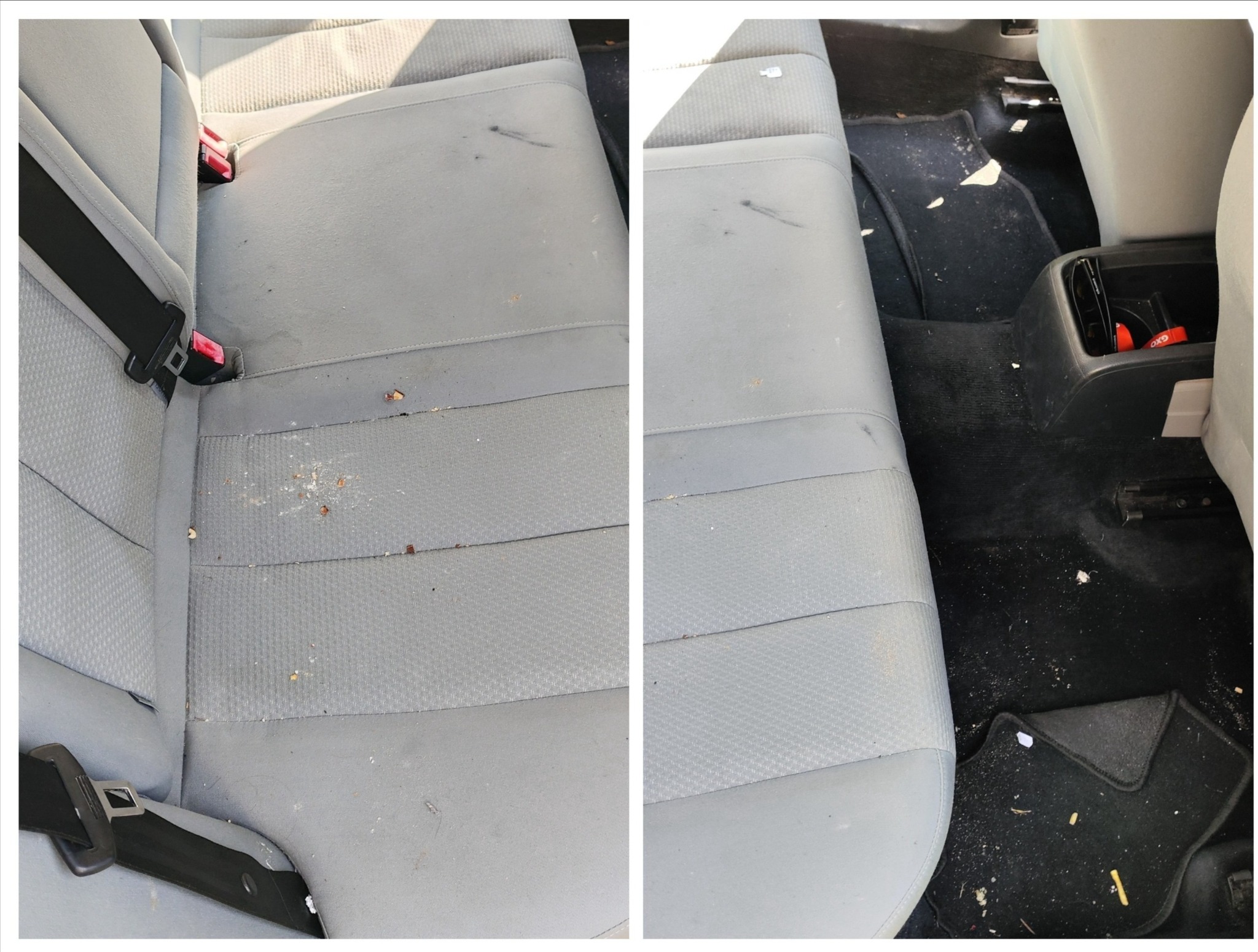 Tapicerka samochodowa tylnej kanapy w ujęciu przed i po czyszczeniu. Widoczne zabrudzenia i efekt po usunięciu plam i zanieczyszczeń. Czysta i odświeżona powierzchnia.