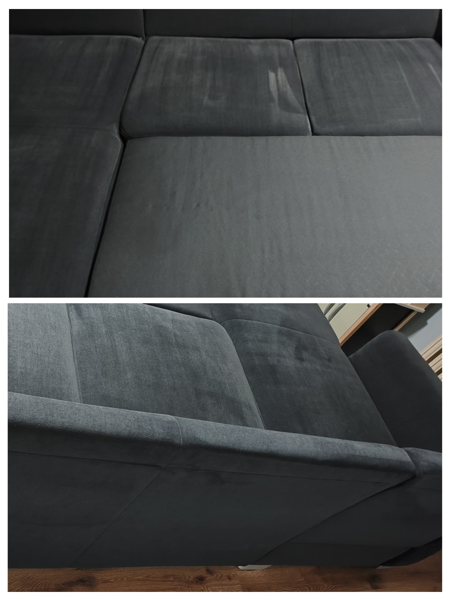 Szara, welurowa kanapa modułowa z widocznymi plamami na siedzisku, ukazana z dwóch perspektyw. Widoczna faktura materiału i łączenia modułów.