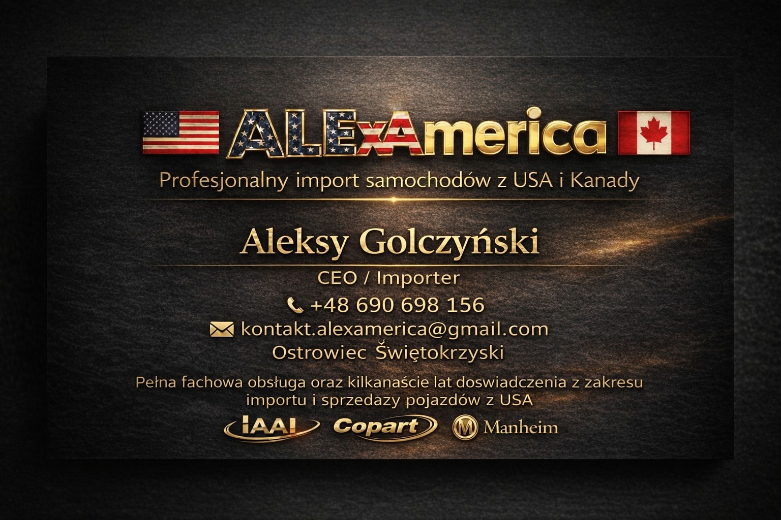 Wizytówka firmy AlexAmerica z USA i Kanady. Import samochodów, dane kontaktowe, logo IAAI, Copart i Manheim na teksturowanym, ciemnym tle.