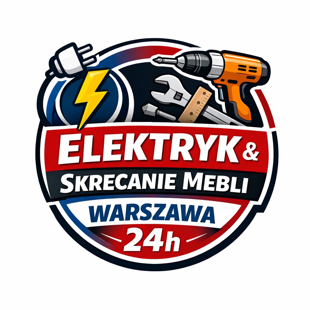 Ilustracja logo firmy z Warszawy oferującej usługi elektryczne i montaż mebli 24h. Widoczny wtyk, błyskawica, wiertarka, klucz, miarka.