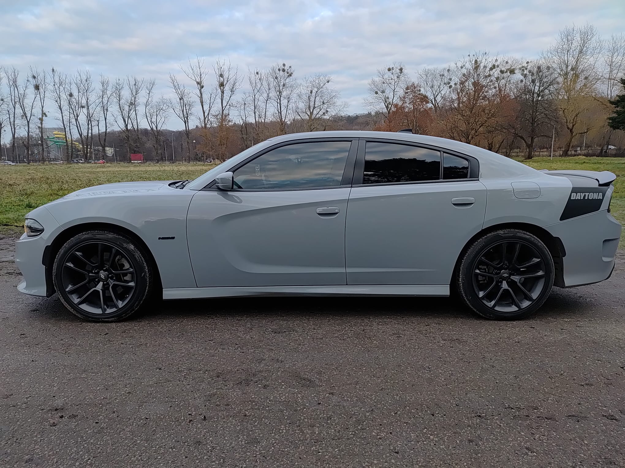 Szary Dodge Charger Daytona z przyciemnionymi szybami bocznymi, zaparkowany na tle parku. Widok z boku, podkreślający elegancką sylwetkę i czarne felgi.