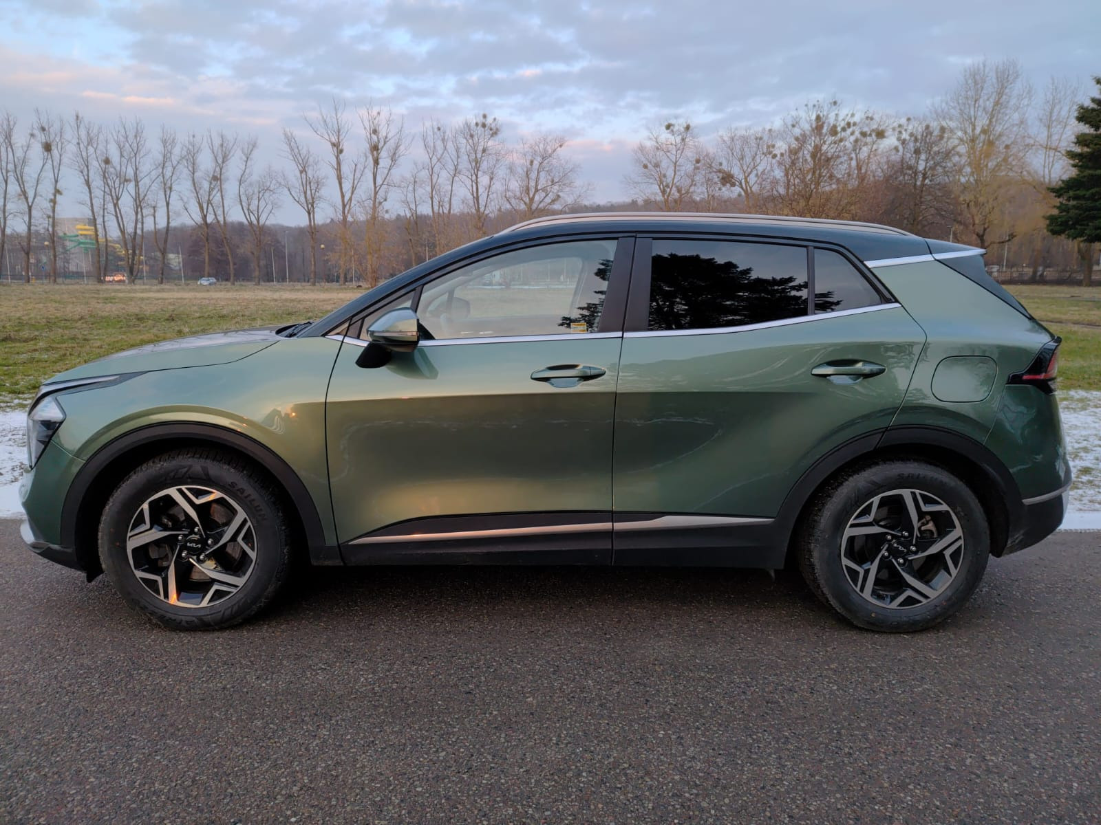 Zielony SUV Kia Sportage z przyciemnionymi szybami bocznymi i tylną, zaparkowany na asfalcie. Widok z boku, w tle drzewa i pochmurne niebo.
