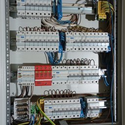 Nikodem Nowakowski - Rozdzielnica elektryczna z zainstalowanymi bezpiecznikami, przewodami i listwami zaciskowymi. Widoczne elementy zabezpieczeń przeciwprzepięciowych w kolorze czerwonym.