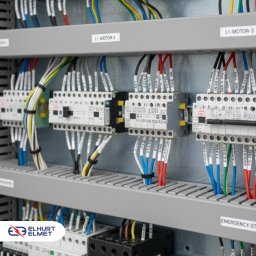 Elhumet Białystok - hurtownia elektryczna - Szczegółowe ujęcie rozdzielnicy elektrycznej z precyzyjnie oznaczonymi przewodami i elementami sterującymi, widoczne etykiety 'L1-MOTOR-3' i 'EMERGENCY-ST'.