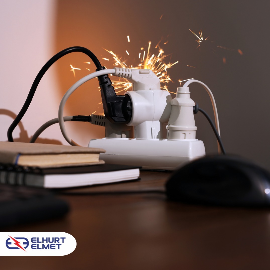 Przeciążona listwa zasilająca iskrzy na biurku, obok leżą notatniki i myszka komputerowa. Niebezpieczna sytuacja związana z elektryką.