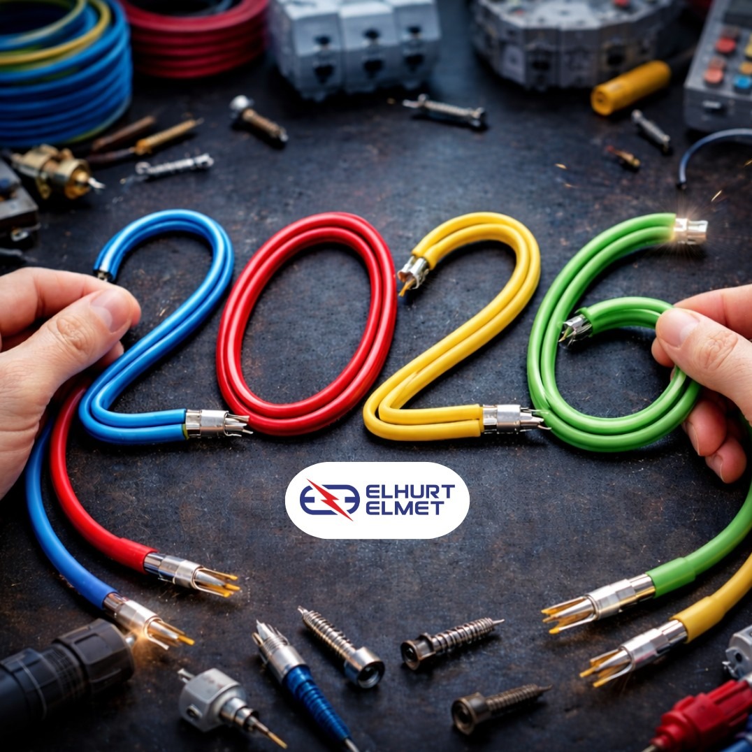 Instalacja elektryczna ułożona w kształt '2026' z kolorowych kabli, złączki i narzędzia na ciemnym tle. Logo firmy Elhurt Elmet w centrum.