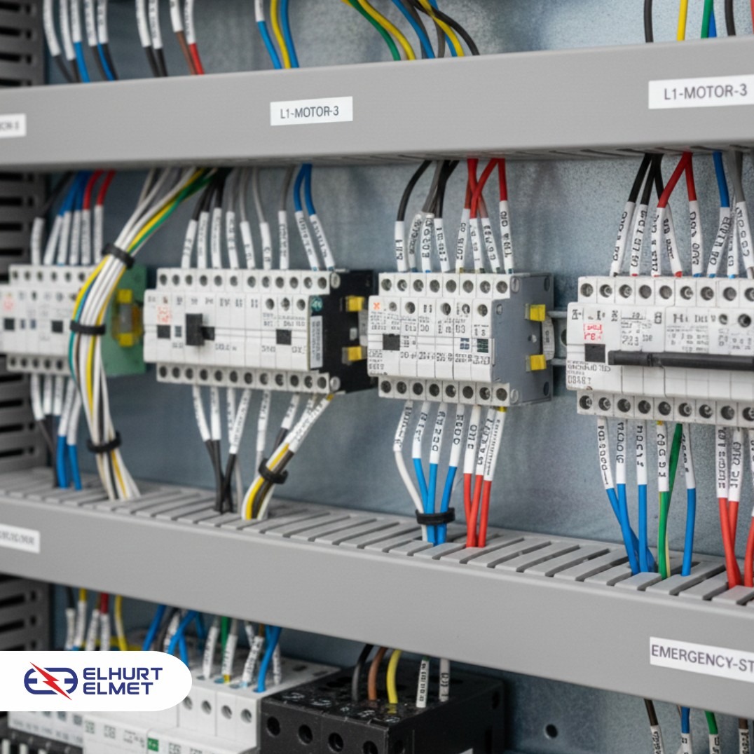 Szczegółowe ujęcie rozdzielnicy elektrycznej z precyzyjnie oznaczonymi przewodami i elementami sterującymi, widoczne etykiety 'L1-MOTOR-3' i 'EMERGENCY-ST'.
