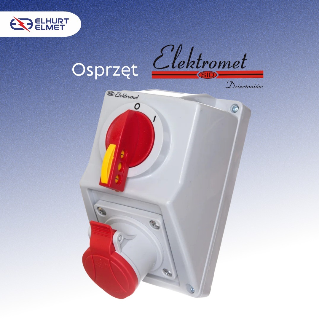 Szary, natynkowy wyłącznik z czerwoną dźwignią i gniazdem, marki Elektromet, na tle gradientu niebieskiego. Widoczne logo Elhurt Elmet.
