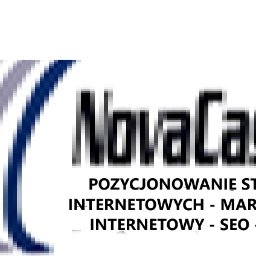 Novacash Krzysztof Gumiela - Logo NovaCash z hasłem: Pozycjonowanie stron internetowych - Marketing internetowy - SEO-SEM. Obok logo widoczne trzy łuki w odcieniach szarości i granatu.