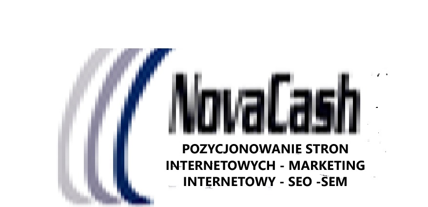 Logo NovaCash z hasłem: Pozycjonowanie stron internetowych - Marketing internetowy - SEO-SEM. Obok logo widoczne trzy łuki w odcieniach szarości i granatu.