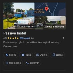QUALITY BUSINESS Michał Kopytyński - Wizytówka firmy Passive Instal z Częstochowy, dostawcy sprzętu do pozyskiwania energii słonecznej. Widoczne zdjęcia z zewnątrz i floty pojazdów.