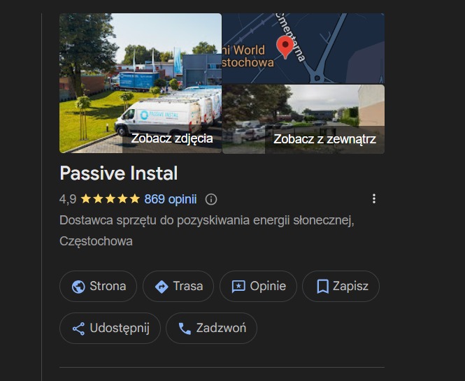 Wizytówka firmy Passive Instal z Częstochowy, dostawcy sprzętu do pozyskiwania energii słonecznej. Widoczne zdjęcia z zewnątrz i floty pojazdów.