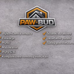 Paw-Bud - Logo firmy PAW-BUD z listą usług: wykończenia wnętrz, elewacje, płytki, malowanie, płyty G-K, kompleksowe remonty mieszkań, ścianki działowe, układanie paneli, sufity podwieszane.