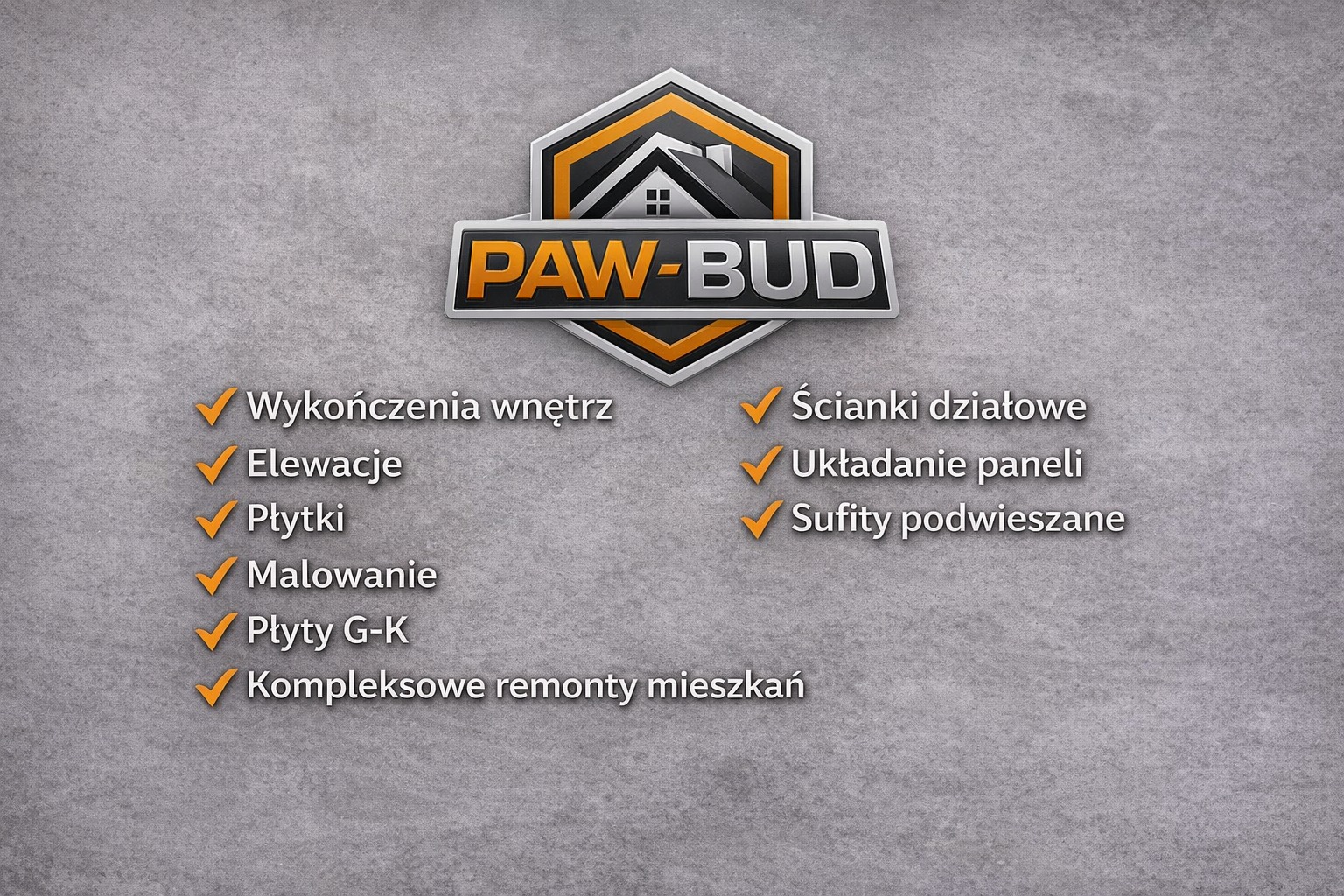 Logo firmy PAW-BUD z listą usług: wykończenia wnętrz, elewacje, płytki, malowanie, płyty G-K, kompleksowe remonty mieszkań, ścianki działowe, układanie paneli, sufity podwieszane.