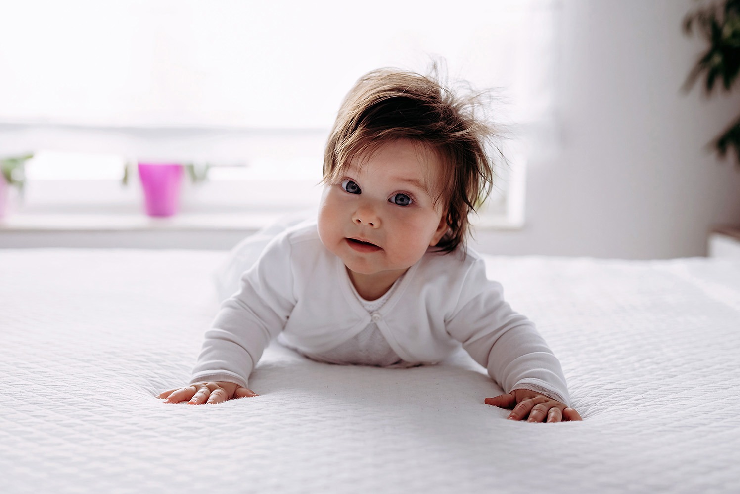 Urocze niemowlę w białym ubranku leży na brzuszku na białej pościeli, z zaciekawieniem spoglądając w obiektyw. W tle okno z roślinami w doniczkach.