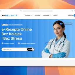 Neticat - Strona internetowa TopRecepta.pl na ekranie komputera. Oferta e-recept online bez kolejek, konsultacje z lekarzem, szybka realizacja. Lekarz w tle.