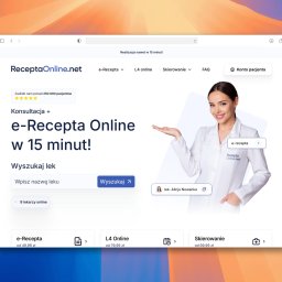 Neticat - Strona internetowa ReceptaOnline.net na ekranie komputera. Oferta e-recepty online w 15 minut. Uśmiechnięta lekarka w tle. Wyszukiwarka leków i konsultacje.