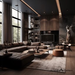 Kobietarchitekt DOMINIKA SARNECKA-ZDYB - Przestronny salon z ciemną paletą barw. Duża, skórzana sofa narożna, drewniane panele ścienne i wysokie okna z widokiem na zieleń. Dekoracyjny jeleń dodaje charakteru.