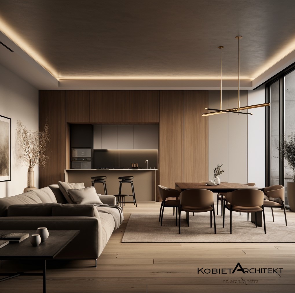 Eleganckie wnętrze: salon z sofą, jadalnią i aneksem kuchennym w ciepłych barwach, oświetlone listwami LED. Minimalistyczny design z drewnianymi akcentami i dużym oknem.