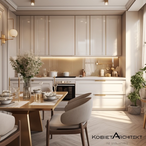 Elegancka, jasna kuchnia z jadalnią w stylu minimalistycznym. Białe szafki z delikatnymi złotymi akcentami, drewniany stół z nakryciem i kwiatami. Parkiet ułożony w jodełkę.