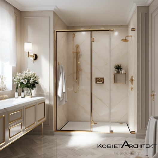 Elegancka łazienka z kabiną prysznicową w złotej ramie, marmurowymi płytkami i stylową umywalką. Widoczne detale: bateria, armatura i oświetlenie.