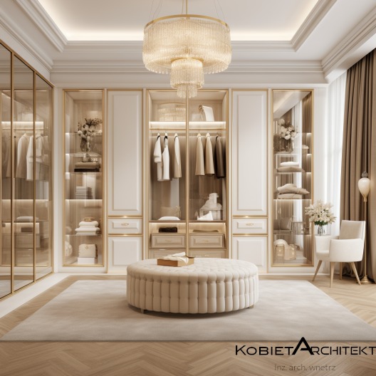 Elegancka garderoba w jasnych barwach z oświetleniem punktowym i kryształowym żyrandolem. Widoczne przeszklone szafy z ubraniami i puf na środku pomieszczenia.