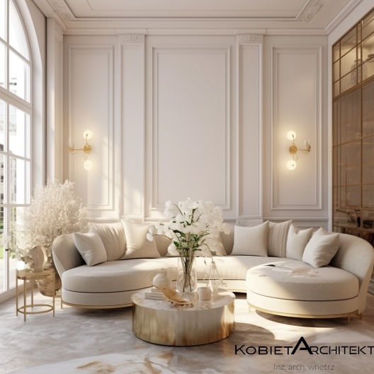 Elegancki salon w odcieniach beżu i złota. Okrągła sofa, stolik kawowy z metalicznym wykończeniem, dekoracyjne panele ścienne i subtelne oświetlenie tworzą luksusową przestrzeń.