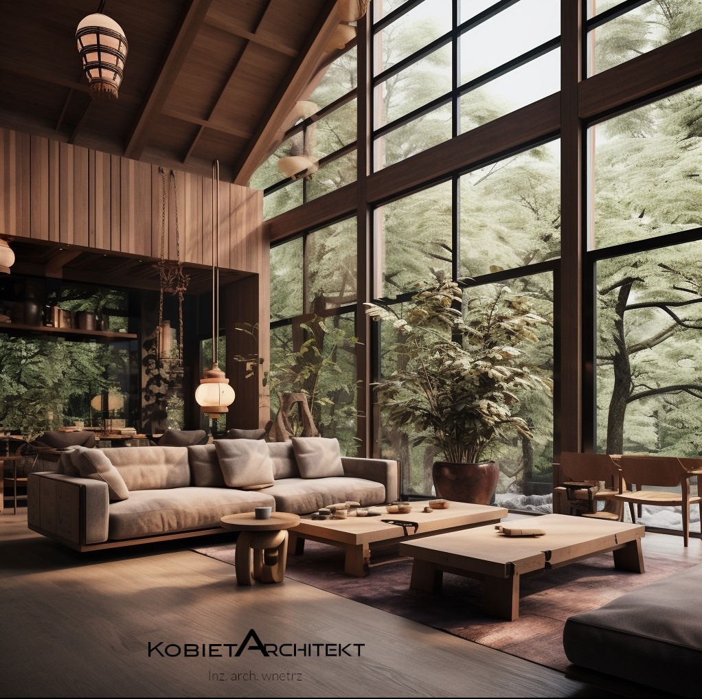 Jasne, przestronne wnętrze z drewnianymi elementami i dużymi oknami z widokiem na zieleń. Minimalistyczny design z beżową sofą i drewnianymi stolikami kawowymi.