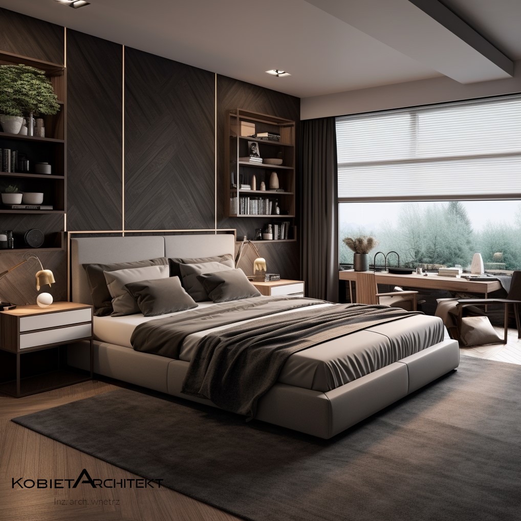 Nowoczesna sypialnia z łóżkiem kontynentalnym, drewnianą ścianą z półkami i dużym oknem z widokiem na zewnątrz. Stonowana kolorystyka, minimalistyczny design.