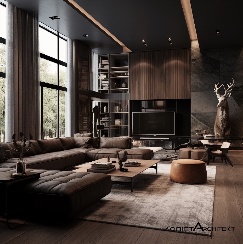 Przestronny salon z ciemną paletą barw. Duża, skórzana sofa narożna, drewniane panele ścienne i wysokie okna z widokiem na zieleń. Dekoracyjny jeleń dodaje charakteru.
