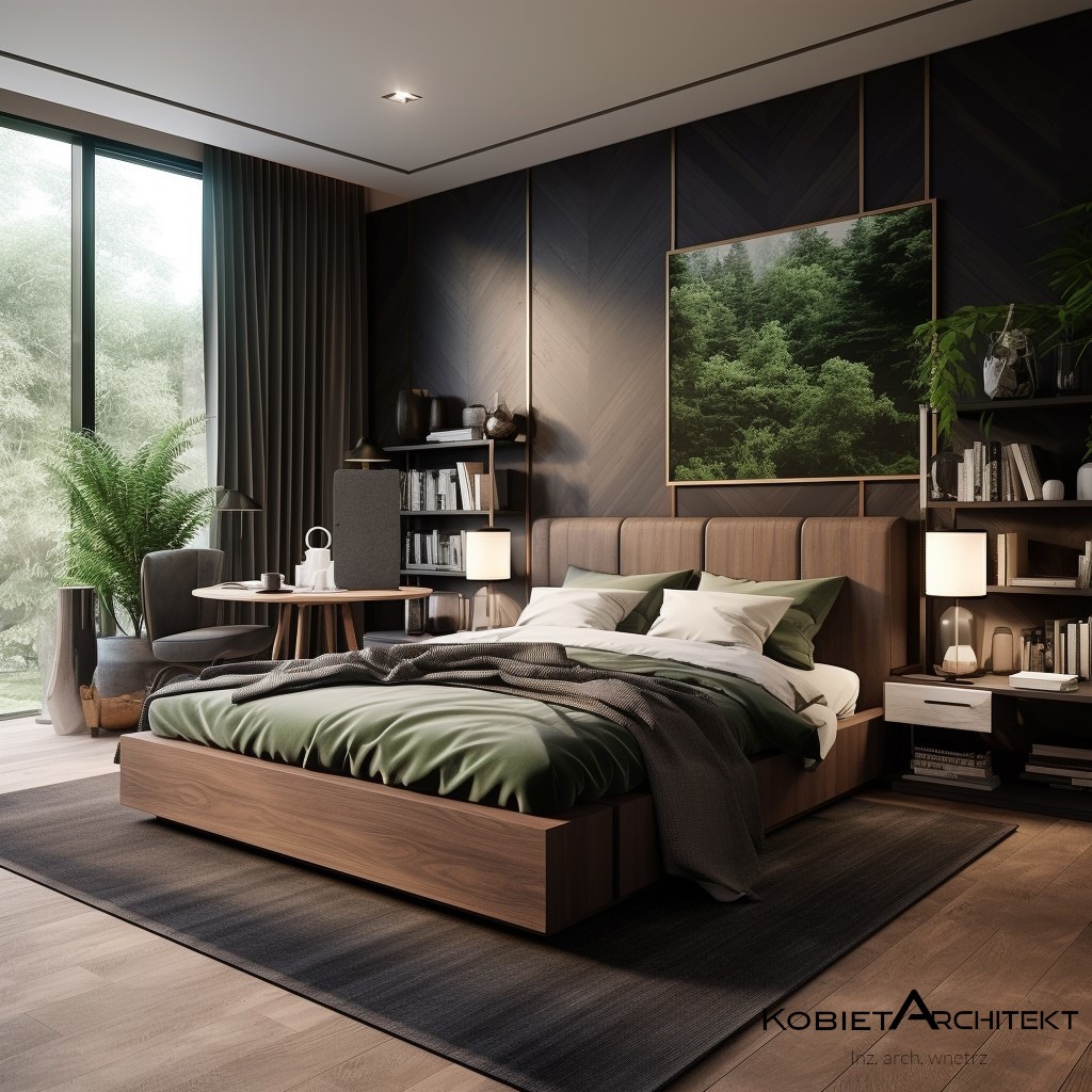 Nowoczesna sypialnia z drewnianym łóżkiem, biurkiem i regałami na książki. Duże okno z widokiem na zieleń. Ciemne ściany z akcentami w kolorze złota. Minimalistyczny design.