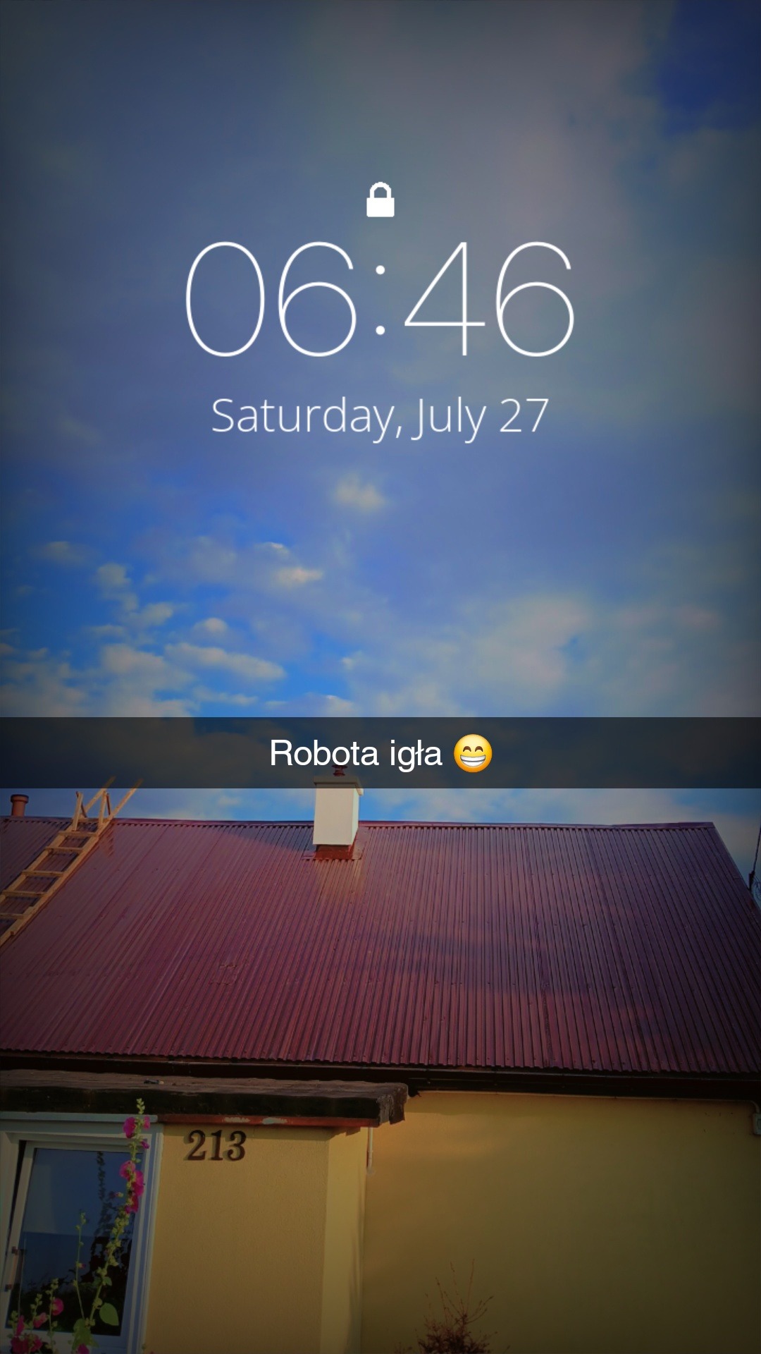 Czerwony dach domu z kominem i drabiną, widok z dołu, z datą i godziną nałożoną na górze zdjęcia. Widoczne okno z kwiatami i numer domu 213.