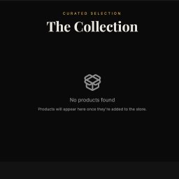 Grzegorz Zarytkiewicz - Projekt strony internetowej w minimalistycznym stylu, z informacją o braku produktów w kolekcji. Ciemne tło, białe napisy i ikona pudełka.