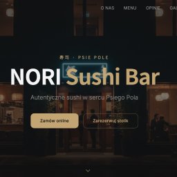 Grzegorz Zarytkiewicz - Strona internetowa restauracji Nori Sushi Bar z możliwością zamówienia online i rezerwacji stolika. Ciemna tonacja, elegancki design, widoczne menu i dane kontaktowe.