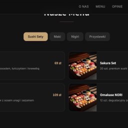 Grzegorz Zarytkiewicz - Zrzut ekranu strony internetowej Nori Sushi Bar z menu online: zestawy sushi, maki, nigiri i przystawki. Ciemne tło, minimalistyczny design, opcja zamówienia online.