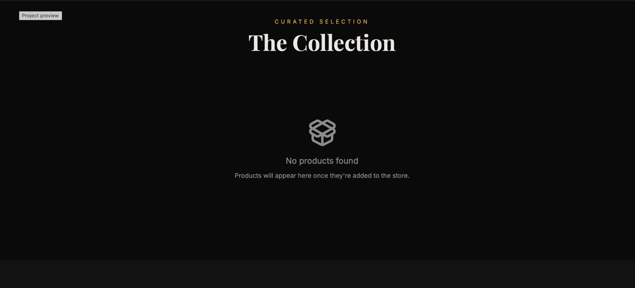 Projekt strony internetowej w minimalistycznym stylu, z informacją o braku produktów w kolekcji. Ciemne tło, białe napisy i ikona pudełka.