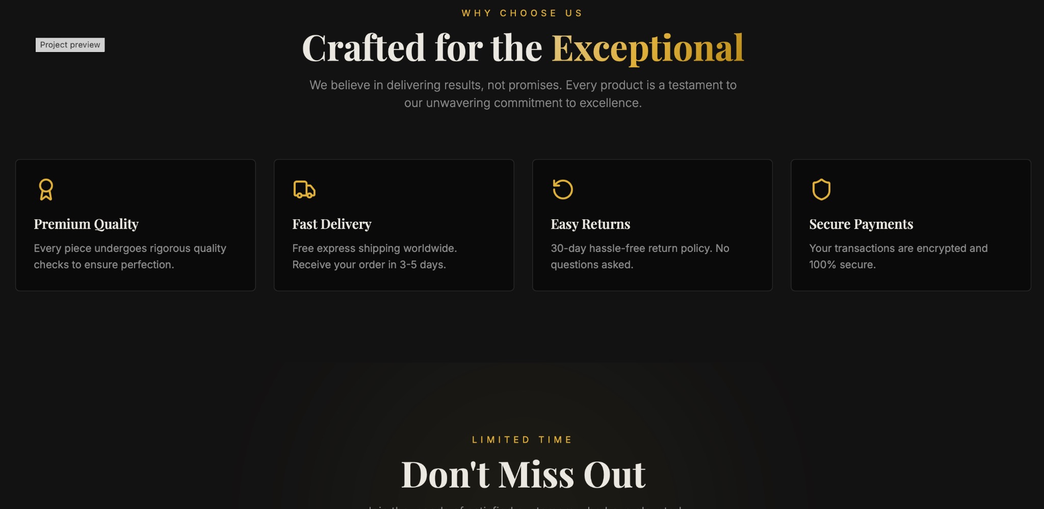 Projekt strony internetowej z sekcją 'Dlaczego My?' i ikonami: jakość, dostawa, zwroty, bezpieczeństwo płatności. Minimalistyczny design w ciemnej tonacji.