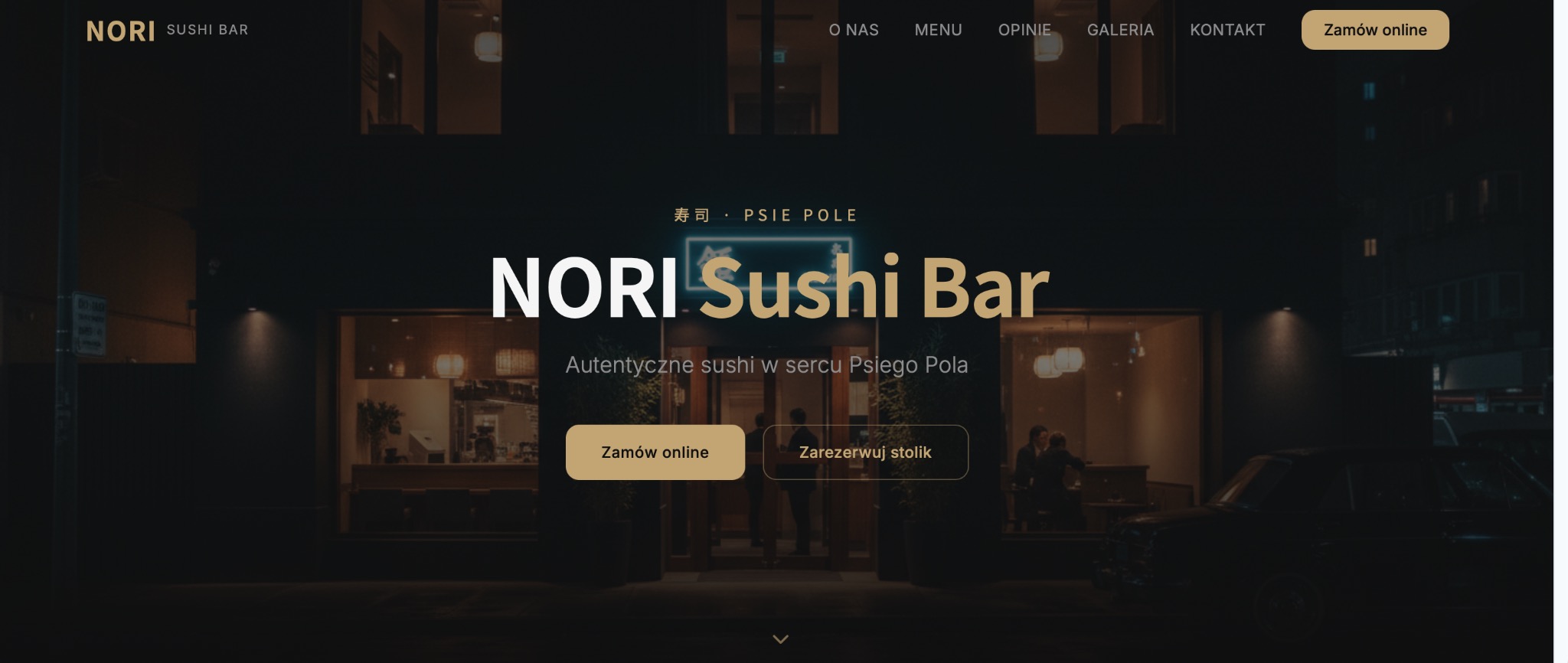 Strona internetowa restauracji Nori Sushi Bar z możliwością zamówienia online i rezerwacji stolika. Ciemna tonacja, elegancki design, widoczne menu i dane kontaktowe.