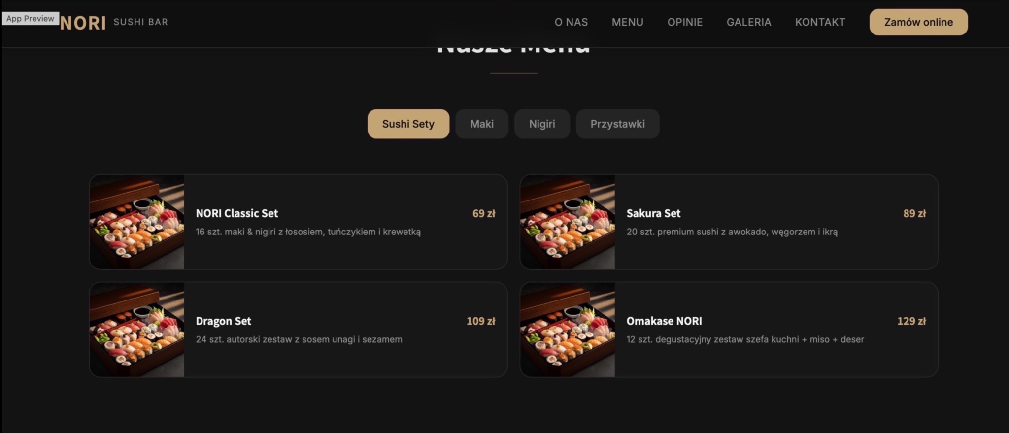 Zrzut ekranu strony internetowej Nori Sushi Bar z menu online: zestawy sushi, maki, nigiri i przystawki. Ciemne tło, minimalistyczny design, opcja zamówienia online.