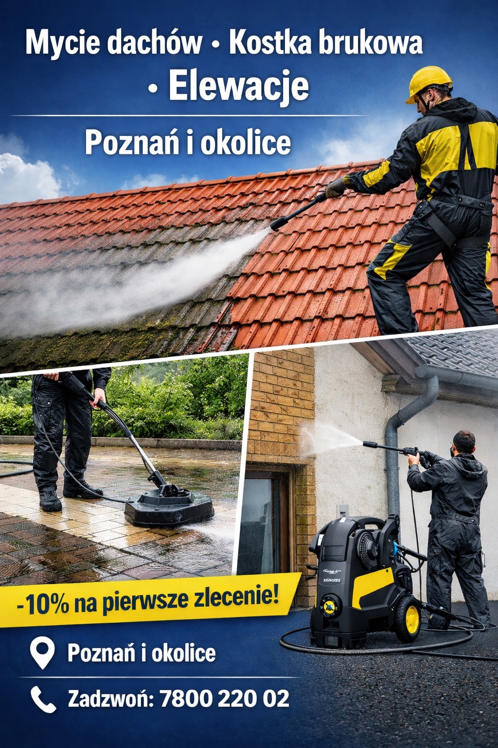 Usługa czyszczenia: pracownik w kasku myje dach z mchu myjką ciśnieniową. W tle kostka brukowa czyszczona okrągłą dyszą i elewacja budynku. Oferta dla Poznania.