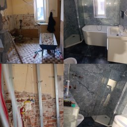 KRIS-BUD - Remont łazienki: kolaż 'przed' z gruzem i 'po' z wanną, kabiną, bidetem i umywalką na tle marmurowych płytek. Widoczne instalacje i stelaże.